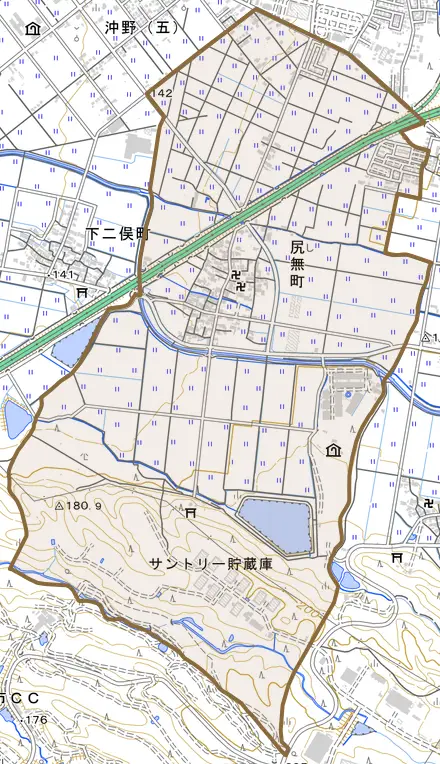 尻無町とその周辺の地図。町の範囲を重ねている