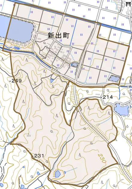 新出町とその周辺の地図。町の範囲を重ねている
