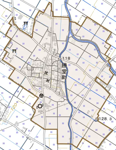 勝堂町とその周辺の地図。町の範囲を重ねている