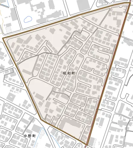 昭和町とその周辺の地図。町の範囲を重ねている