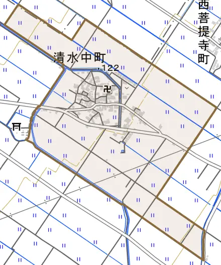 清水中町とその周辺の地図。町の範囲を重ねている