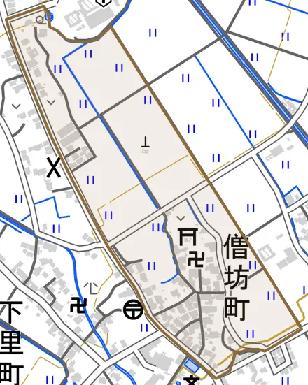 僧坊町とその周辺の地図。町の範囲を重ねている