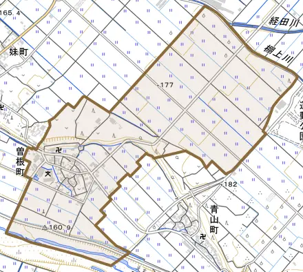 曽根町とその周辺の地図。町の範囲を重ねている