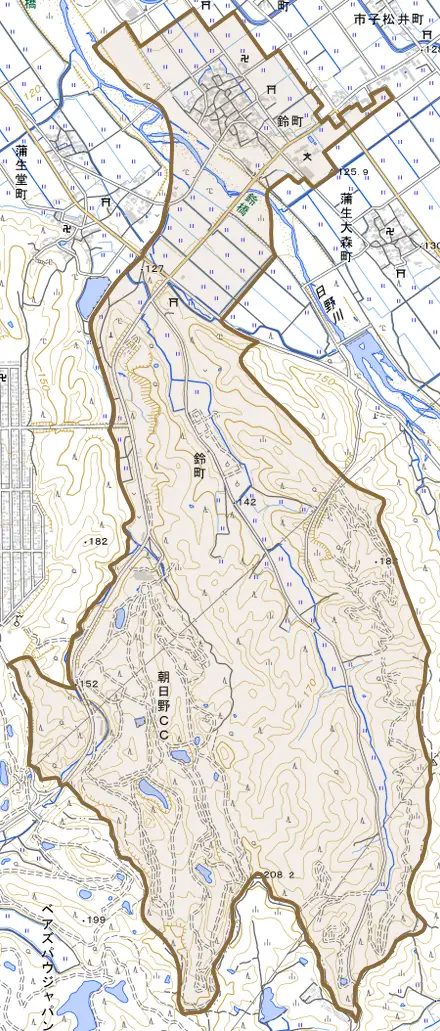 鈴町とその周辺の地図。町の範囲を重ねている
