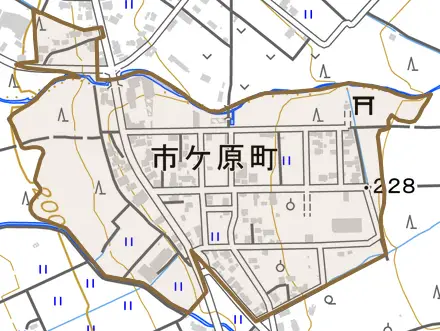 市ヶ原町とその周辺の地図。町の範囲を重ねている