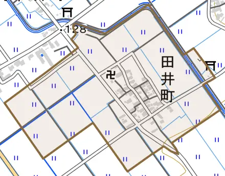 田井町とその周辺の地図。町の範囲を重ねている