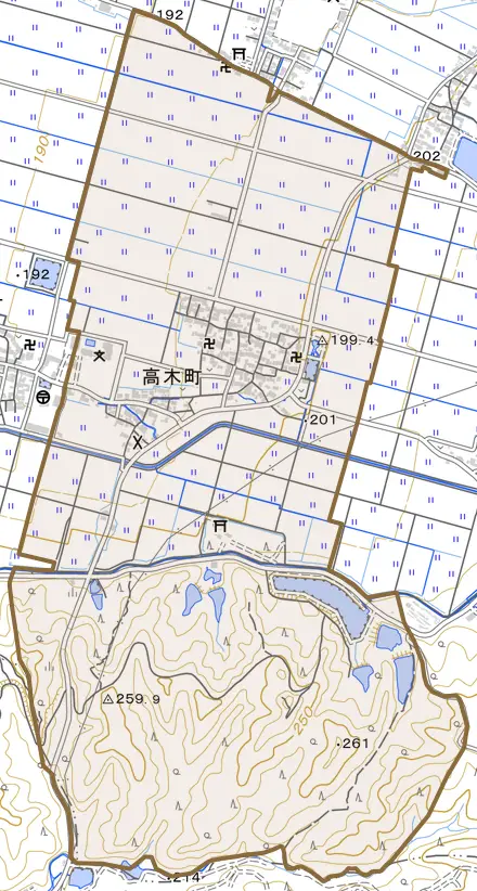 高木町とその周辺の地図。町の範囲を重ねている