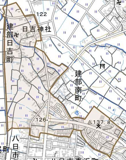 建部日吉町とその周辺の地図。町の範囲を重ねている