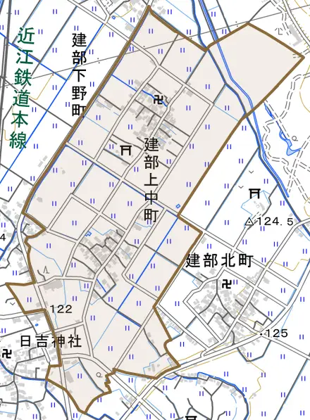 建部上中町とその周辺の地図。町の範囲を重ねている