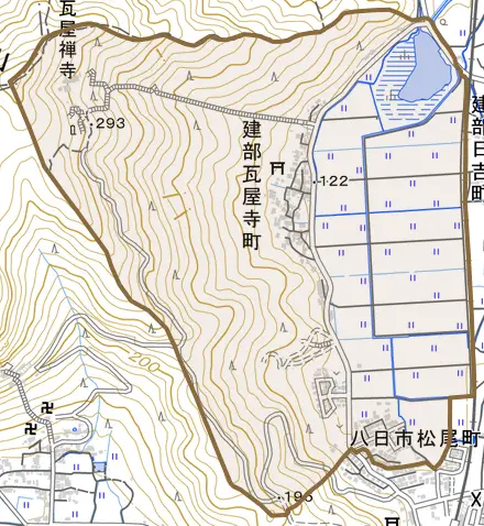 建部瓦屋寺町とその周辺の地図。町の範囲を重ねている