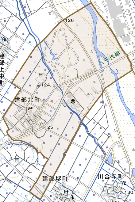 建部北町とその周辺の地図。町の範囲を重ねている