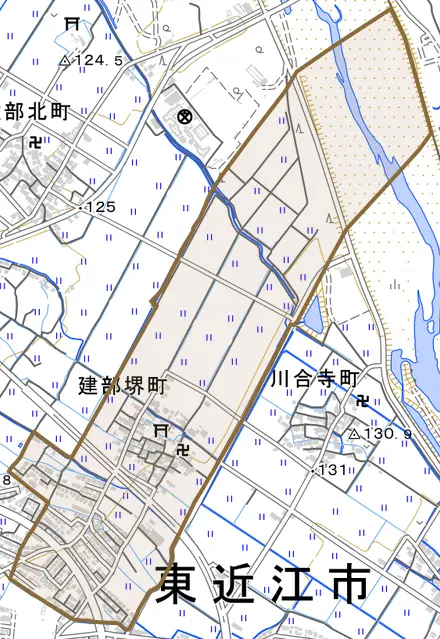 建部堺町とその周辺の地図。町の範囲を重ねている