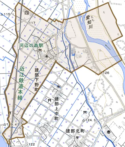 建部下野町とその周辺の地図。町の範囲を重ねている