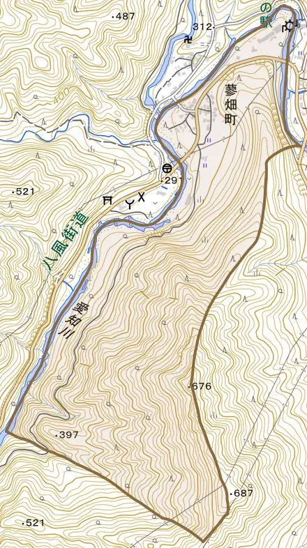 蓼畑町とその周辺の地図。町の範囲を重ねている