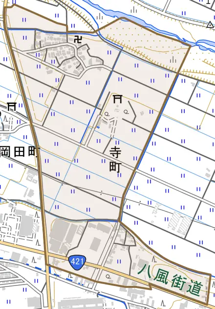 寺町とその周辺の地図。町の範囲を重ねている
