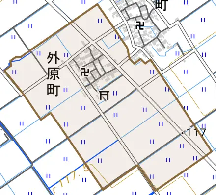 外原町とその周辺の地図。町の範囲を重ねている