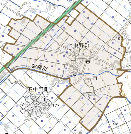 上中野町とその周辺の地図。町の範囲を重ねている