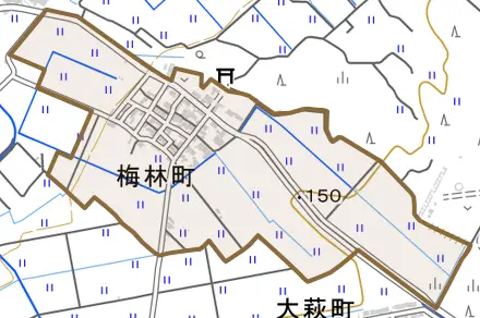 梅林町とその周辺の地図。町の範囲を重ねている