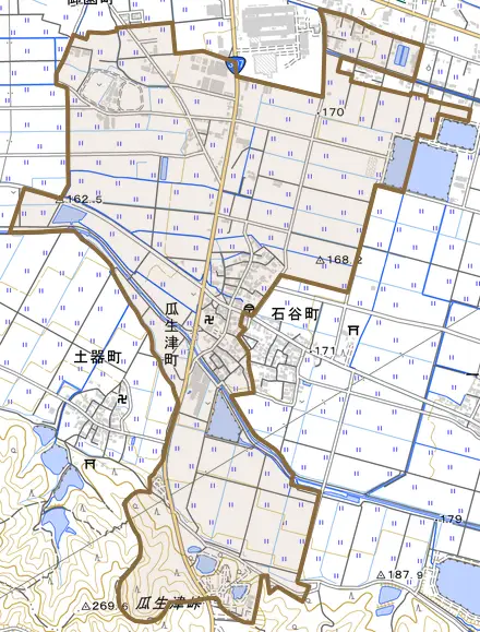 瓜生津町とその周辺の地図。町の範囲を重ねている