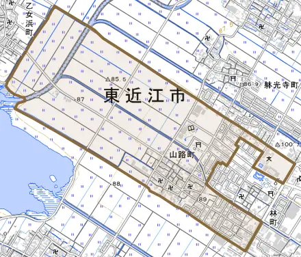 山路町とその周辺の地図。町の範囲を重ねている