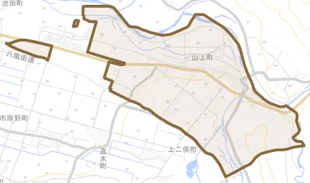 山上町とその周辺の地図。町の範囲を重ねている