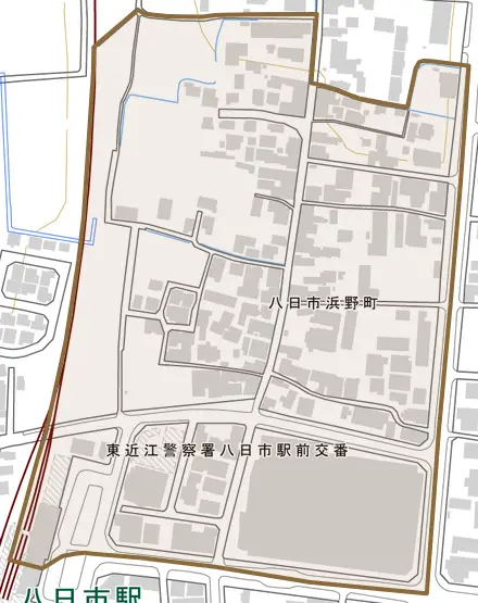 八日市浜野町とその周辺の地図。町の範囲を重ねている