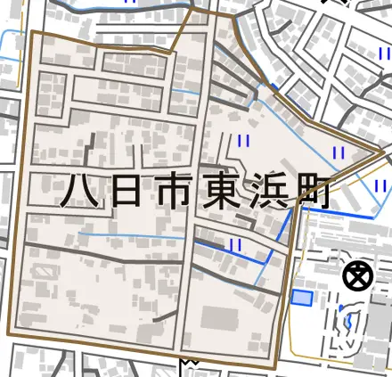 八日市東浜町とその周辺の地図。町の範囲を重ねている