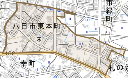八日市東本町とその周辺の地図。町の範囲を重ねている
