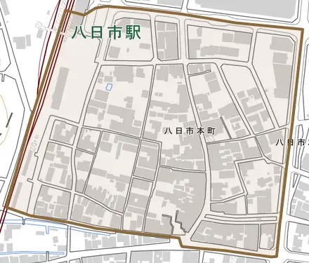 八日市本町とその周辺の地図。町の範囲を重ねている