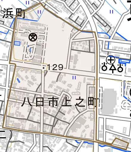 八日市上之町とその周辺の地図。町の範囲を重ねている