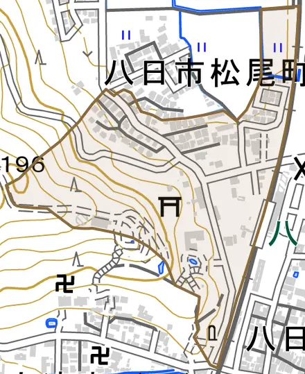 八日市松尾町とその周辺の地図。町の範囲を重ねている