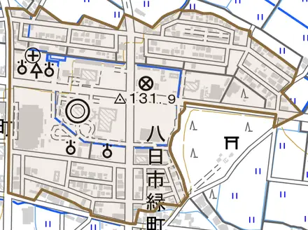 八日市緑町とその周辺の地図。町の範囲を重ねている