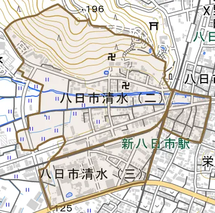 八日市清水とその周辺の地図。町の範囲を重ねている