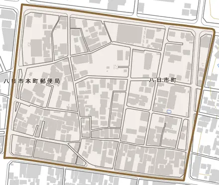 八日市町とその周辺の地図。町の範囲を重ねている
