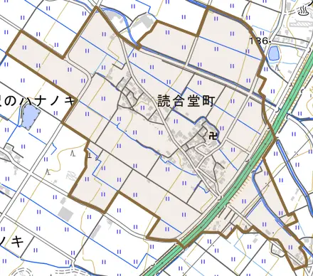 読合堂町とその周辺の地図。町の範囲を重ねている