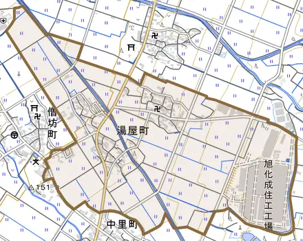 湯屋町とその周辺の地図。町の範囲を重ねている