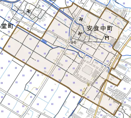 安食中町とその周辺の地図。町の範囲を重ねている