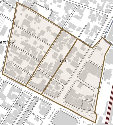 旭町とその周辺の地図。町の範囲を重ねている