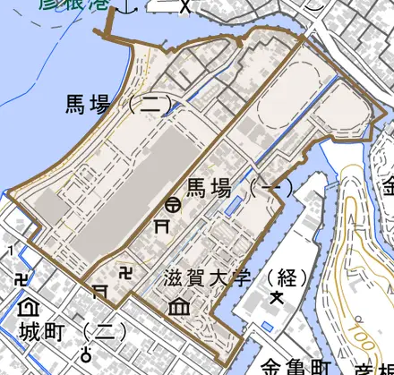 馬場とその周辺の地図。町の範囲を重ねている
