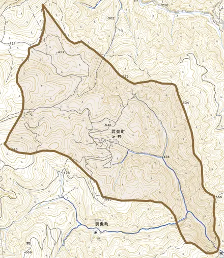 武奈町とその周辺の地図。町の範囲を重ねている