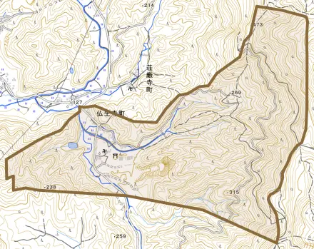 仏生寺町とその周辺の地図。町の範囲を重ねている