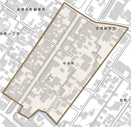 中央町とその周辺の地図。町の範囲を重ねている