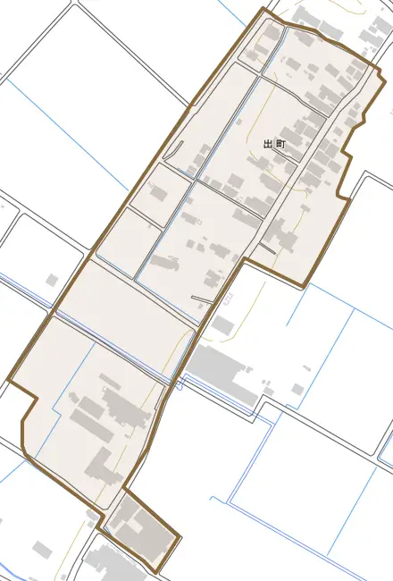 出町とその周辺の地図。町の範囲を重ねている