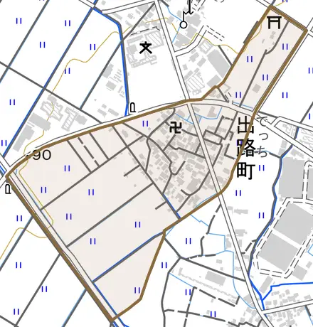 出路町とその周辺の地図。町の範囲を重ねている