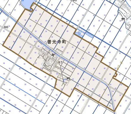 普光寺町とその周辺の地図。町の範囲を重ねている