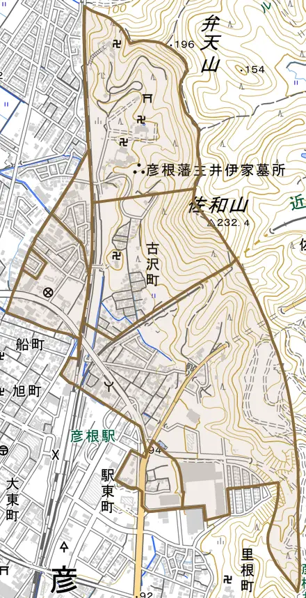 古沢町とその周辺の地図。町の範囲を重ねている