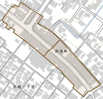 銀座町とその周辺の地図。町の範囲を重ねている