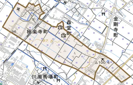 極楽寺町とその周辺の地図。町の範囲を重ねている