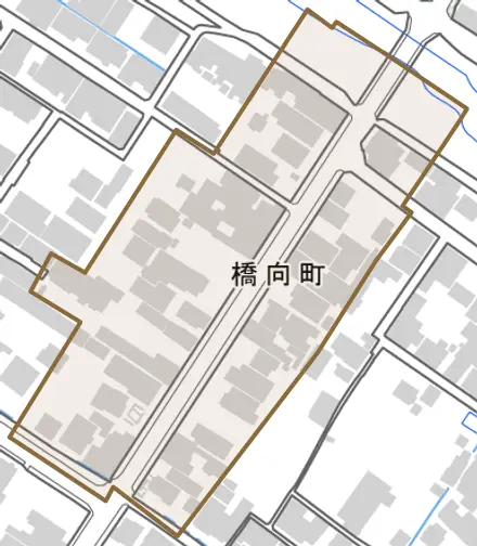 橋向町とその周辺の地図。町の範囲を重ねている