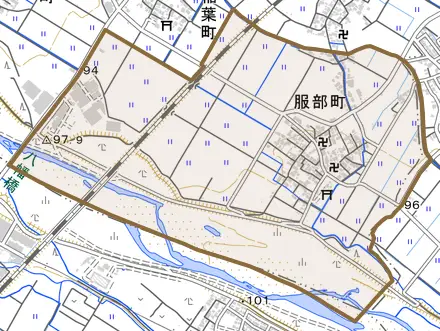 服部町とその周辺の地図。町の範囲を重ねている